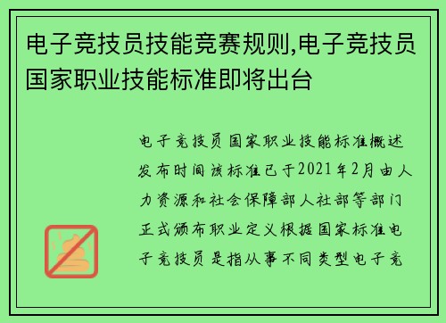 电子竞技员技能竞赛规则,电子竞技员国家职业技能标准即将出台